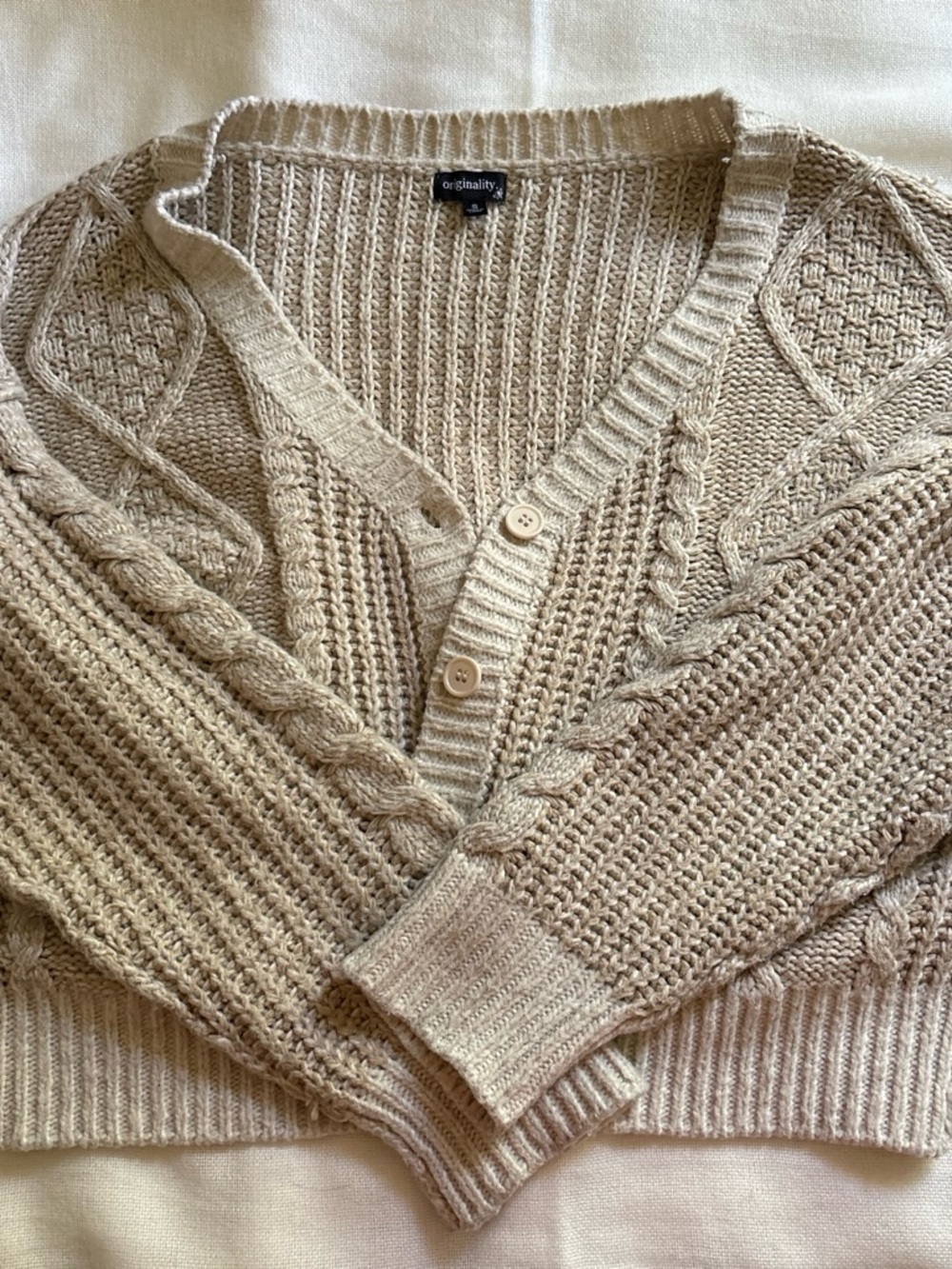 Neutral Cable-Knit V-Neck Button Cardigan Sweater